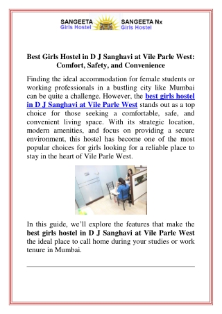 Best Girls Hostel in D J Sanghavi at Vile Parle West Comfort, Safety, and Convenience