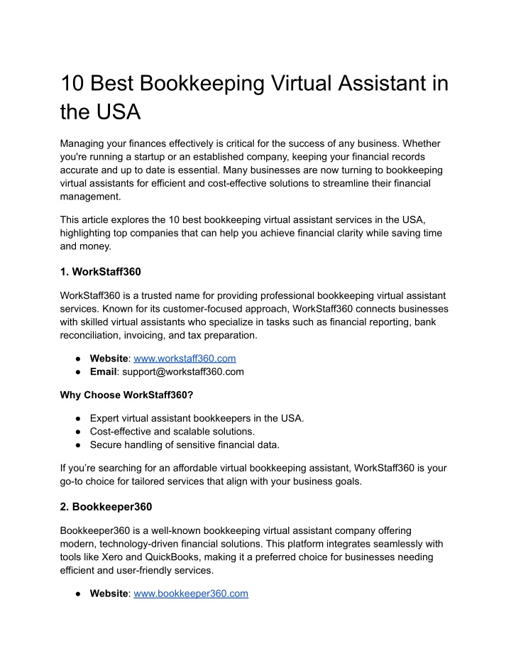 10 best bookkeeping virtual assistant in the usa