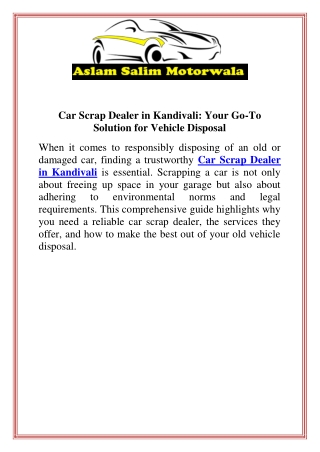 Car Scrap Dealer in Kandivali  Your Go To Solution for Vehicle Disposal