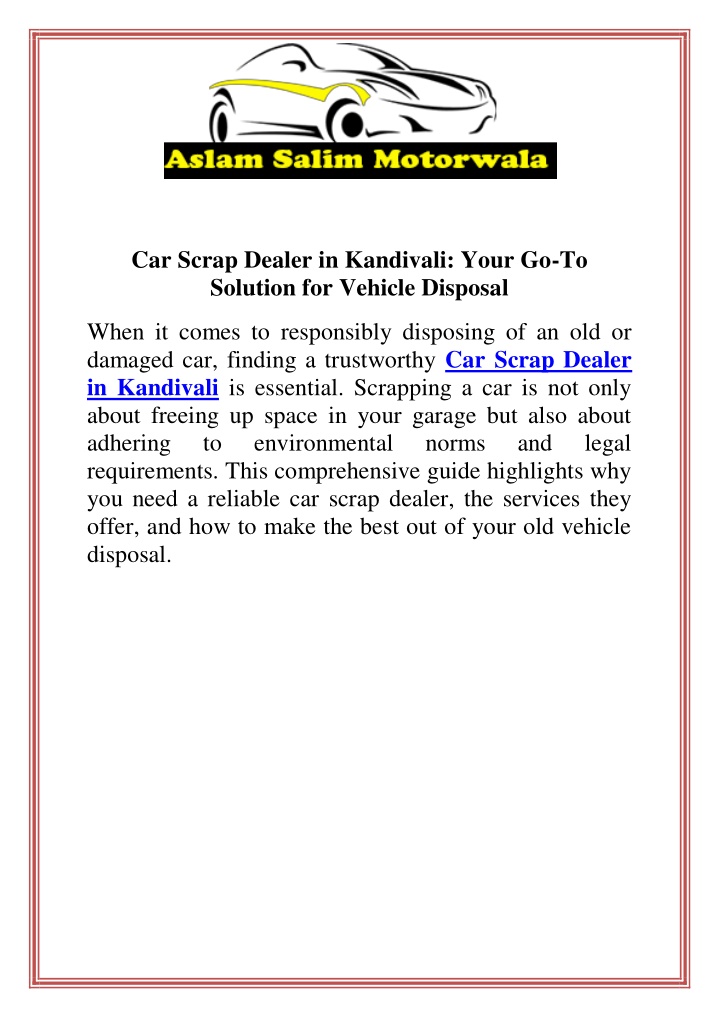 car scrap dealer in kandivali your go to solution