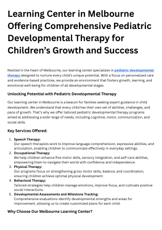Learning Center in Melbourne Specializing in Pediatric Developmental Therapy