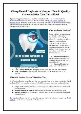 Cheap Dental Implants in Newport Beach: Quality Care at a Price You Can Afford