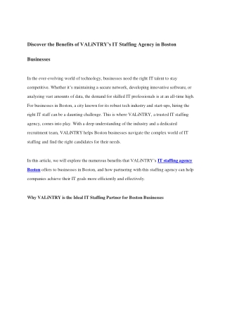 Discover the Benefits of VALiNTRY’s IT Staffing Agency in Boston Businesses