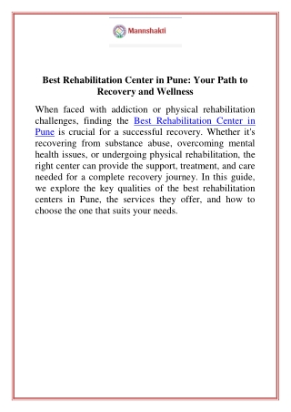 Best Rehabilitation Center in Pune Your Path to Recovery and Wellness