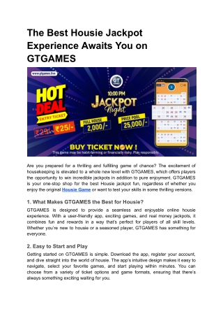 The Best Housie Jackpot Experience Awaits You on GTGAMES