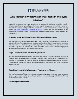 Industrial Wastewater Treatment in Malaysia: A Key to Sustainable Growth