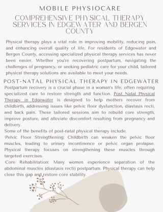 Comprehensive Physical Therapy Services in Edgewater and Bergen County