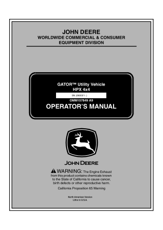 John Deere HPX 4×4 GATOR™ Utility Vehicle Operator’s Manual Instant Download (PIN060001-) (Publication No.OMM157849)