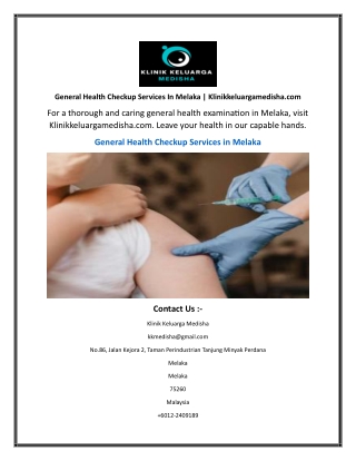 General Health Checkup Services In Melaka  Klinikkeluargamedisha.com