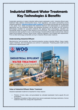 Industrial Effluent Water Treatment Key Technologies & Benefits