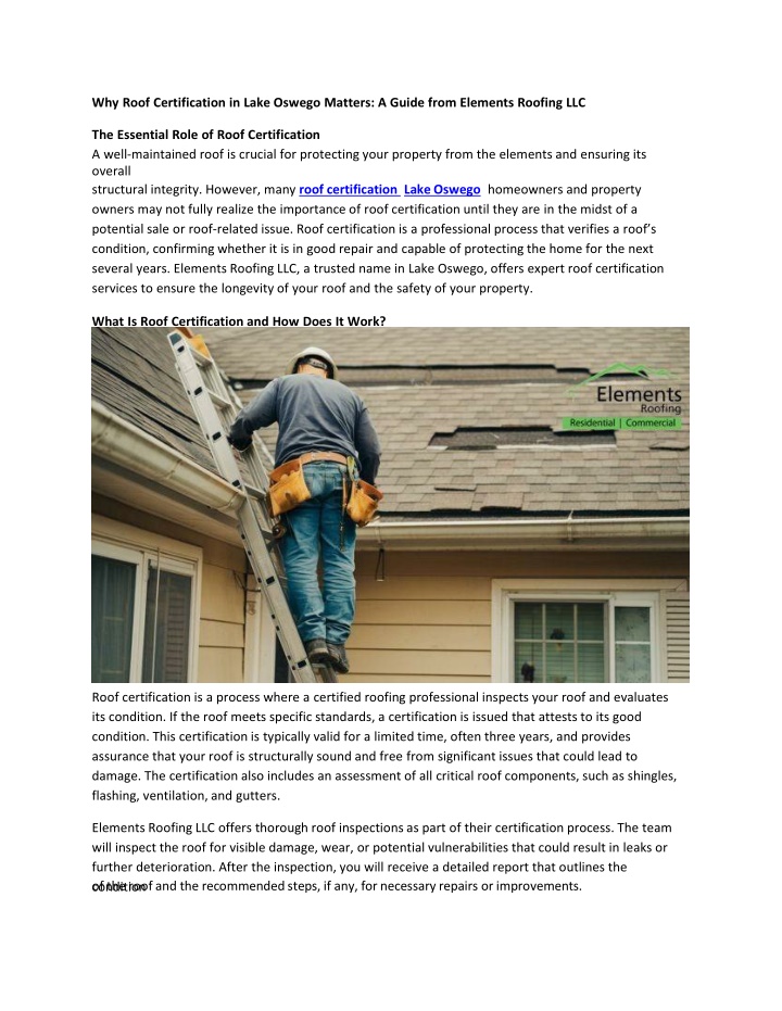 why roof certification in lake oswego matters