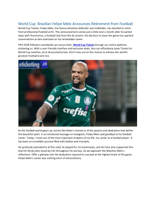 World Cup: Brazilian Felipe Melo Announces Retirement from Football