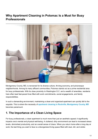 Why Apartment Cleaning in Potomac Is a Must for Busy Professionals