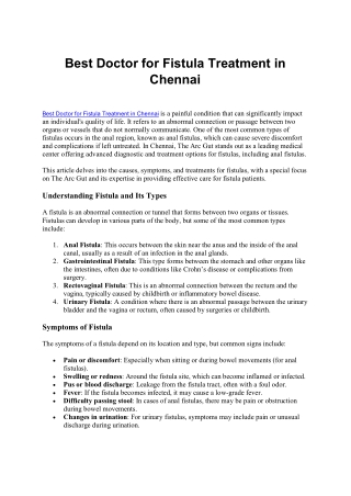 Best Doctor for Fistula Treatment in Chennai
