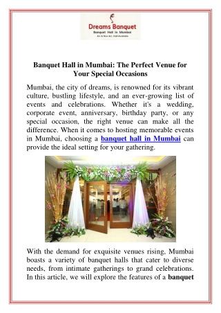 Banquet Hall in Mumbai The Perfect Venue for Your Special Occasions