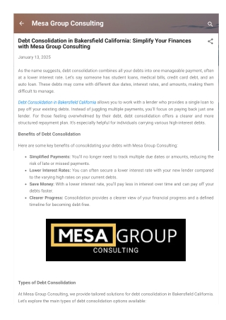 Debt Consolidation in Bakersfield California Simplify Your Finances with Mesa Group Consulting