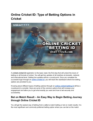 Online Cricket ID | Explore Betting Options for Cricket Enthusiasts