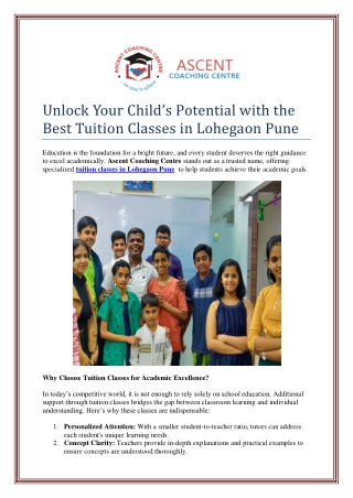 Unlock Your Child’s Potential with the Best Tuition Classes in Lohegaon Pune