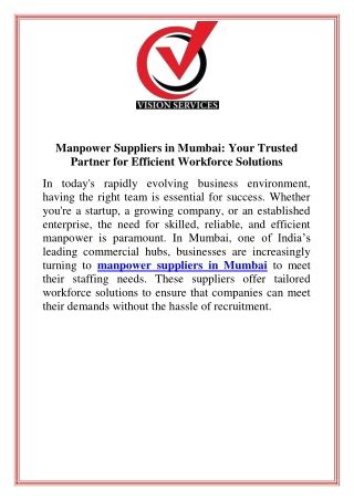 Manpower Suppliers in Mumbai Your Trusted Partner for Efficient Workforce Solutions