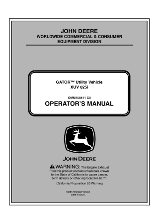 John Deere XUV 825i GATOR™ Utility Vehicle Operator’s Manual Instant Download (PIN010001-) (Publication No.OMM158411)