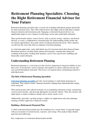 Retirement Planning Specialists Choosing the Right Retirement Financial Advisor for Your Future