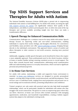 Top NDIS Support Services and Therapies for Adults with Autism