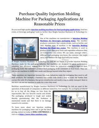 Purchase Quality Injection Molding Machine For Packaging Applications At Reasona