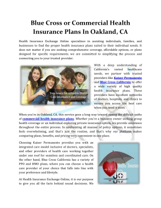 Blue Cross or Commercial Health Insurance Plans In Oakland, CA