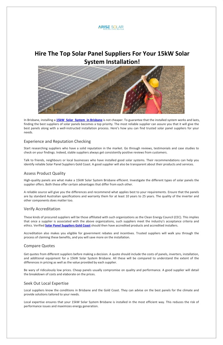 hire the top solar panel suppliers for your 15kw