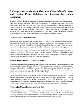 A Comprehensive Guide to Overhead Crane Manufacturers and Gantry Crane Solutions