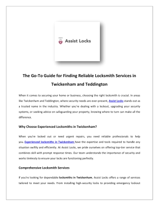 Locksmiths Twickenham | Emergency Locksmiths TW1 TW2 - Assist Locks