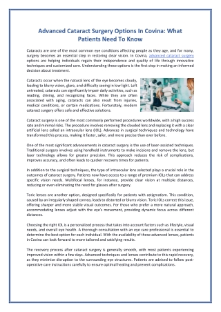 Advanced Cataract Surgery Options In Covina - What Patients Need To Know