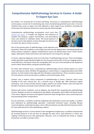 Comprehensive Ophthalmology Services In Covina - A Guide To Expert Eye Care