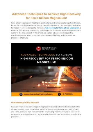Advanced Techniques to Achieve High Recovery for Ferro Silicon Magnesium!