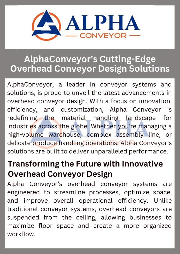 alphaconveyor s cutting edge overhead conveyor