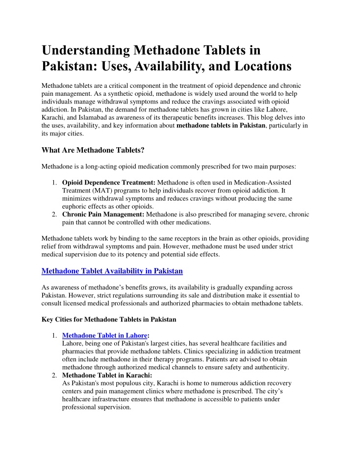 understanding methadone tablets in pakistan uses