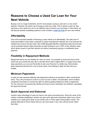 Reasons to Choose a Used Car Loan for Your Next Vehicle