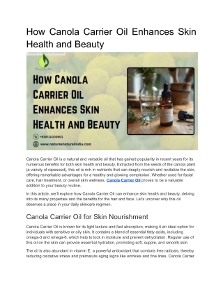 How Canola Carrier Oil Enhances Skin Health and Beauty