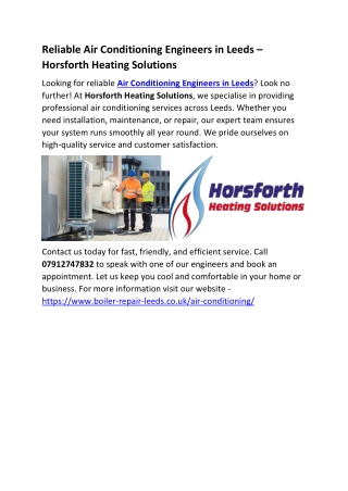 Reliable Air Conditioning Engineers in Leeds – Horsforth Heating Solutions