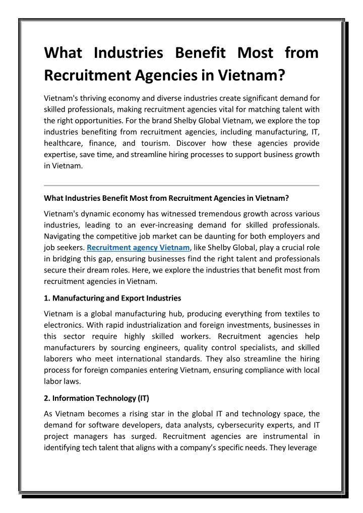 what industries benefit most from recruitment agencies in vietnam