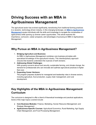Driving Success with an MBA in Agribusiness Management
