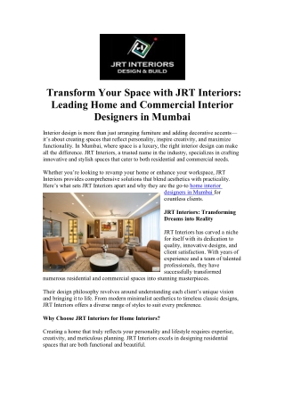 Transform Your Space with JRT Interiors Leading Home and Commercial Interior Designers in Mumbai