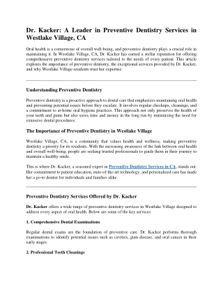 Dr. Kacker A Leader in Preventive Dentistry Services in Westlake Village, CA