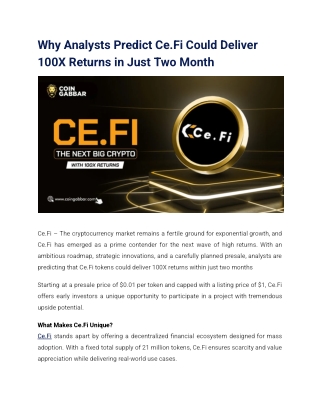 Why Analysts Predict Ce.Fi Could Deliver 100X Returns in Just Two Month