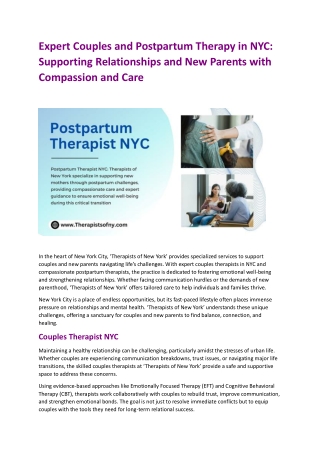 Expert Couples and Postpartum Therapy in NYC Supporting Relationships and New Parents with Compassion and Care