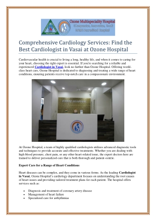 Comprehensive Cardiology Services: Find the Best Cardiologist in Vasai at Ozone