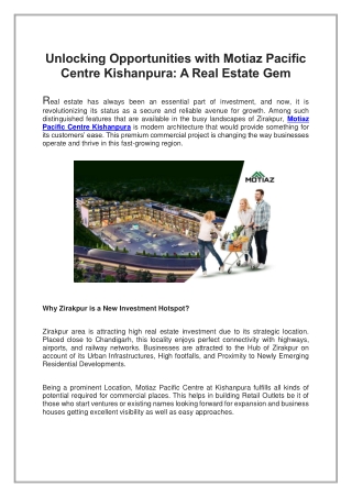 Unlocking Opportunities with Motiaz Pacific Centre Kishanpura