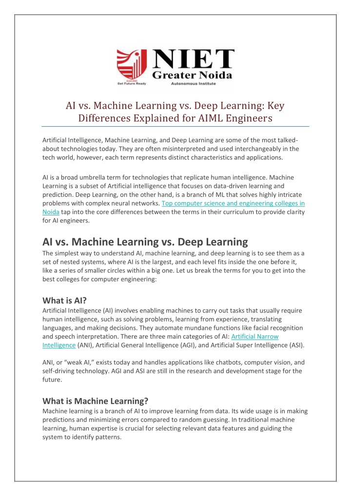 ai vs machine learning vs deep learning