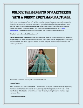 Unlock the Benefits of Partnering with a Direct Kurti Manufacturer