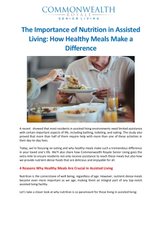 The Importance of Nutrition in Assisted Living How Healthy Meals Make a Difference